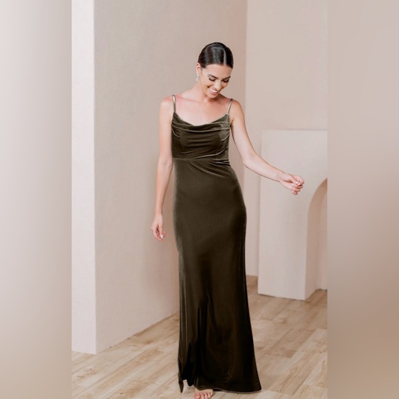 Revelry Skye Velvet Bridesmaid Dress Dusty Olive - Picture 1 of 3